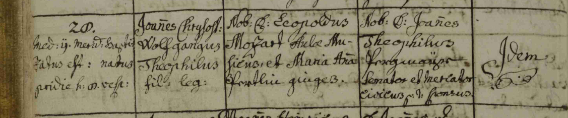 An old handwritten church paper from when baby Mozart was born.