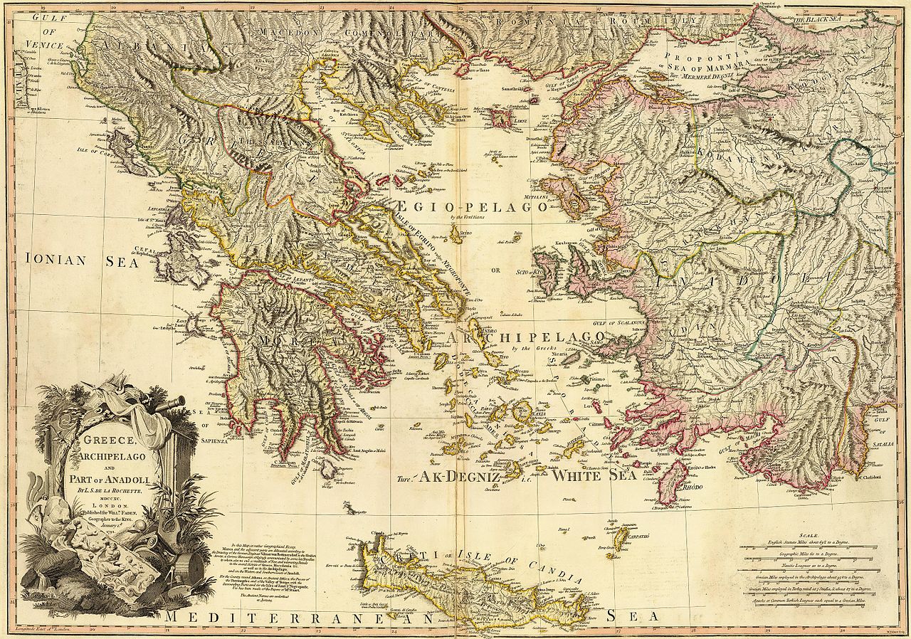 An old map showing the land and islands of ancient Greece.