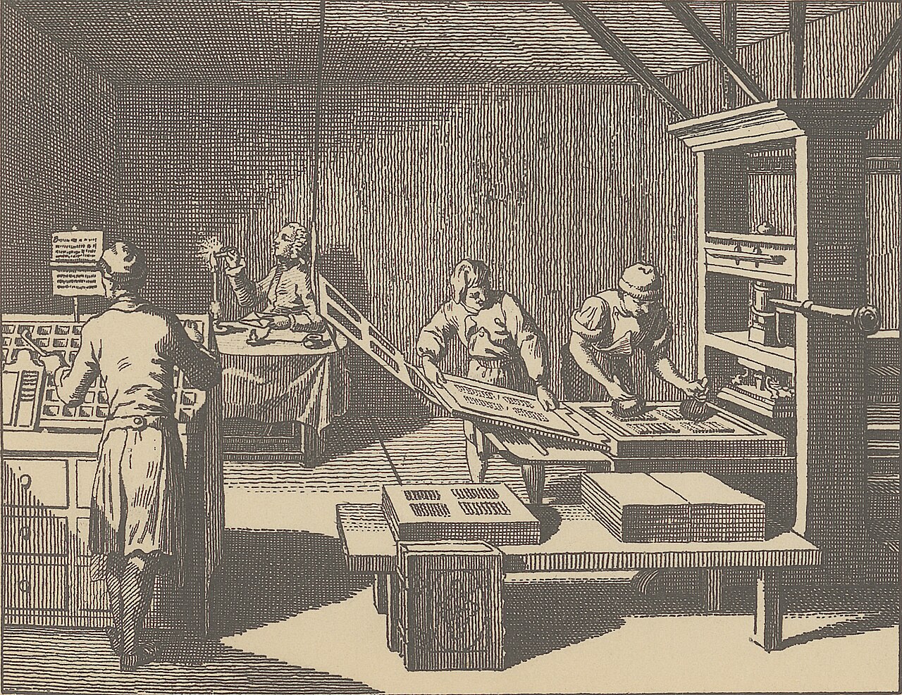 An old drawing showing people working at a printing shop.
